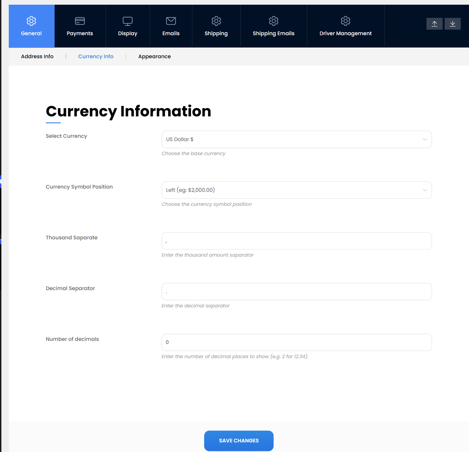 Currency settings