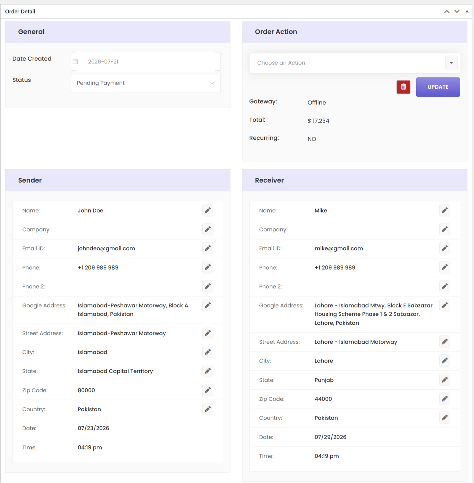 Order detail in admin
