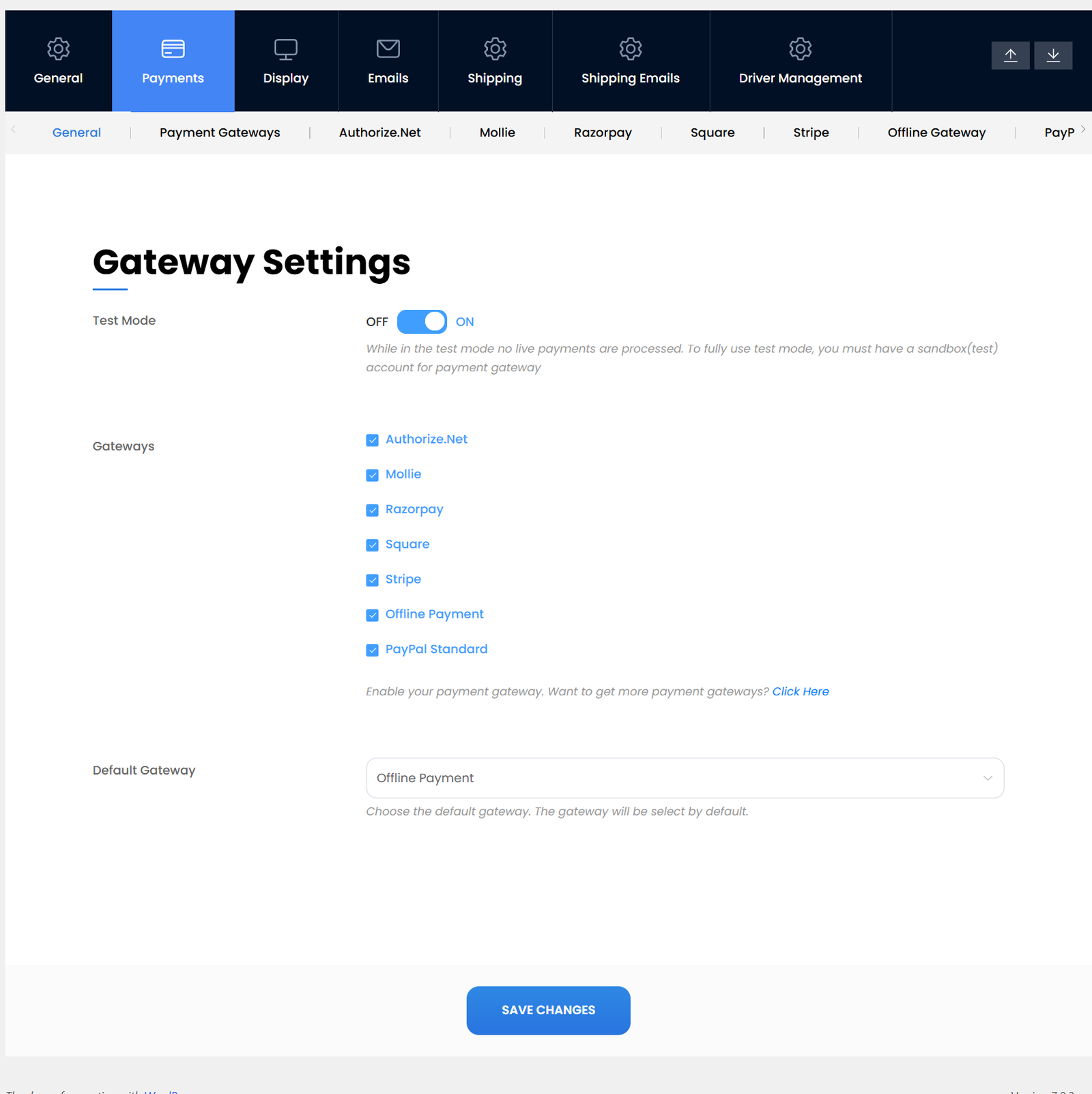 Payment gateway settings