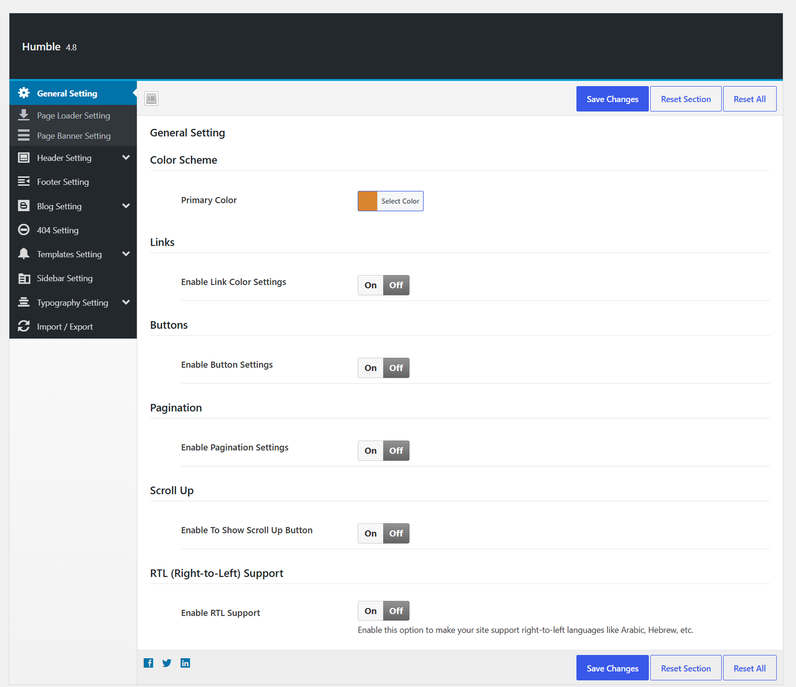 Humble theme options in WordPress admin