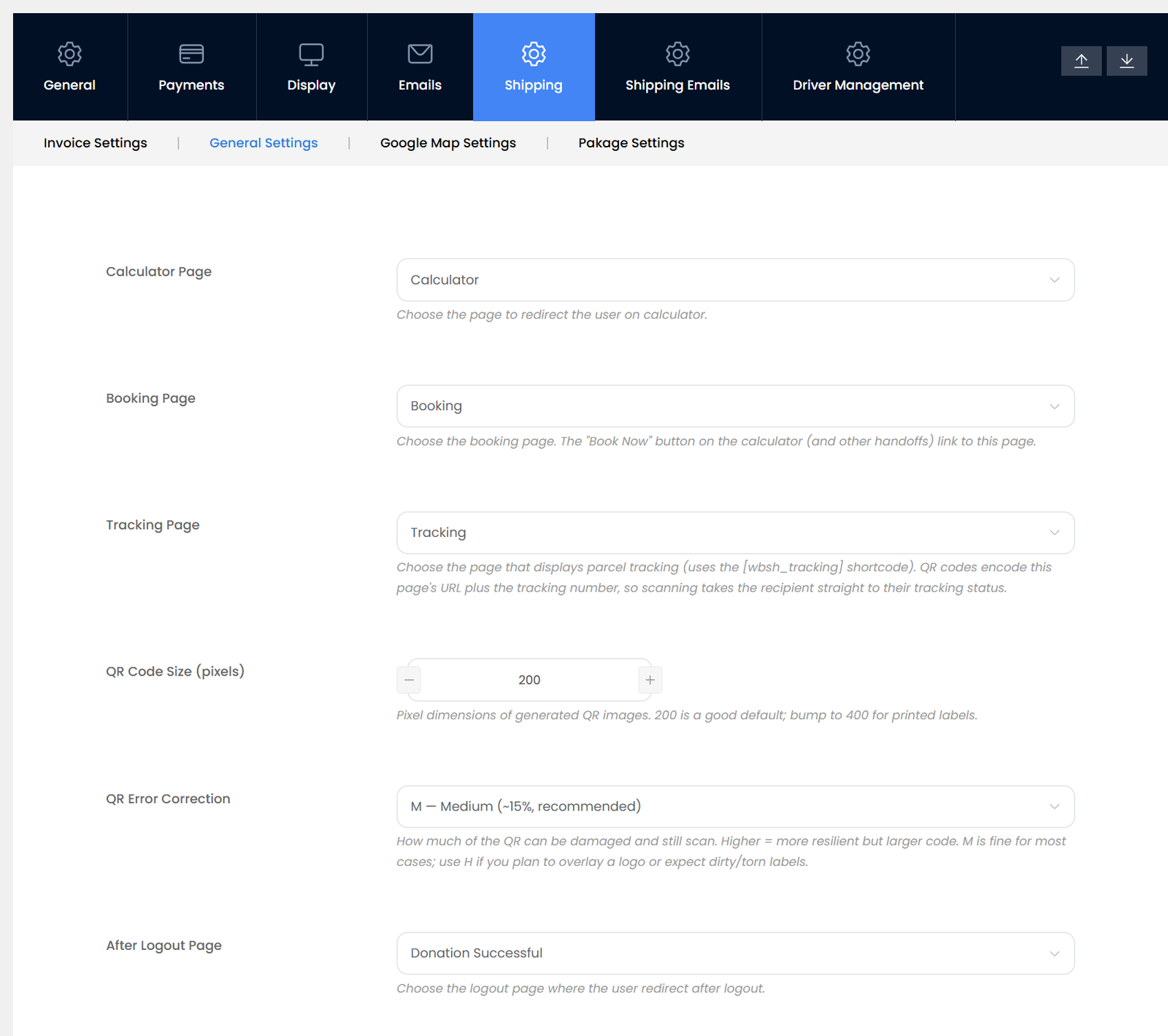 WP Shippings settings